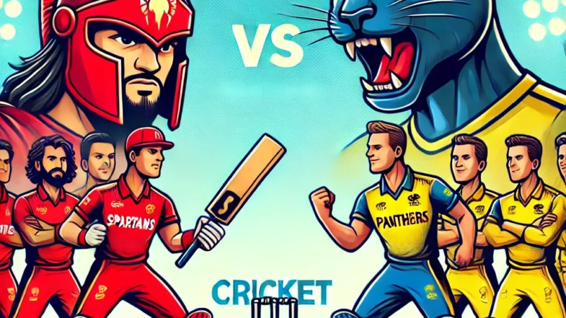 Cartoon-style image depicting the cricket teams Spartans and Panthers facing off, ideal for SS vs SMP Dream11 prediction blog.