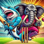 Cartoon-style image of Sharks XI mascot, a fierce shark, holding a cricket bat, and Tuskers XI mascot, a powerful elephant tusker, ready to bowl in a vibrant cricket stadium filled with cheering fans. SHA vs TUS Dream11 prediction.