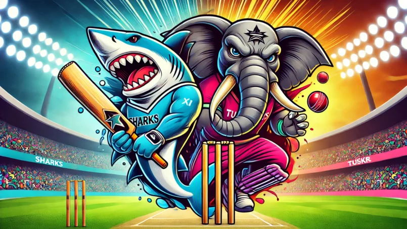 Cartoon-style image of Sharks XI mascot, a fierce shark, holding a cricket bat, and Tuskers XI mascot, a powerful elephant tusker, ready to bowl in a vibrant cricket stadium filled with cheering fans. SHA vs TUS Dream11 prediction.