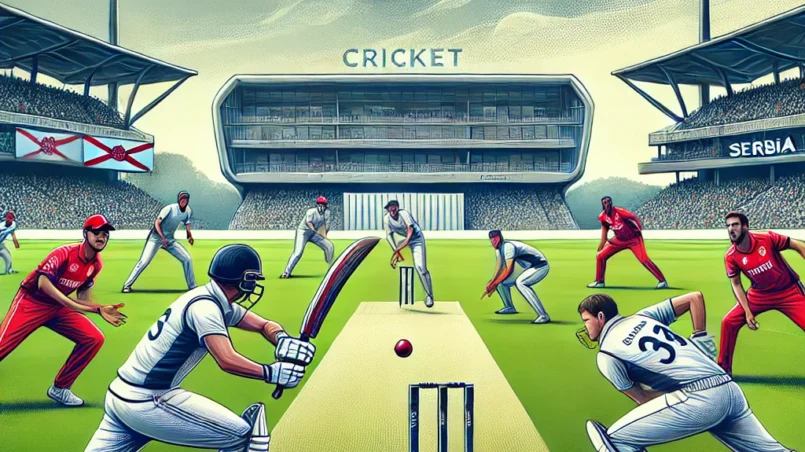 A dynamic cricket match between JER and SER with players batting, bowling, and fielding on a lush green ground under overcast skies for JER vs SER Dream11 Prediction