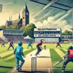 GER vs GIB Dream11 Prediction: Cartoon-style cricket match scene at GelsenTrabPark, Gelsenkirchen, with players from Germany and Gibraltar in action under an overcast sky.