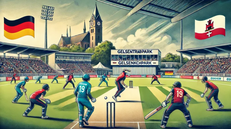 GER vs GIB Dream11 Prediction: Cartoon-style cricket match scene at GelsenTrabPark, Gelsenkirchen, with players from Germany and Gibraltar in action under an overcast sky.