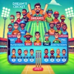 Cartoon-style illustration of Dream11 fantasy cricket team selection for EDC vs PNC match, featuring player avatars, team logos, player credits, and expected points, set against a vibrant cricket stadium background for EDC vs PNC Dream11 Prediction