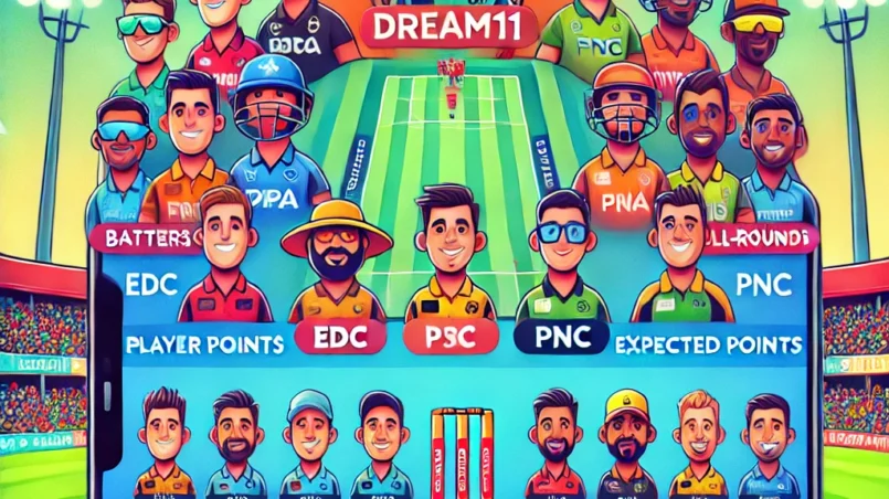 Cartoon-style illustration of Dream11 fantasy cricket team selection for EDC vs PNC match, featuring player avatars, team logos, player credits, and expected points, set against a vibrant cricket stadium background for EDC vs PNC Dream11 Prediction