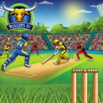 Cartoon-style cricket match between Bulls XI and Tuskers XI in dynamic action with cheering fans for BUL vs TUS Dream11 Prediction