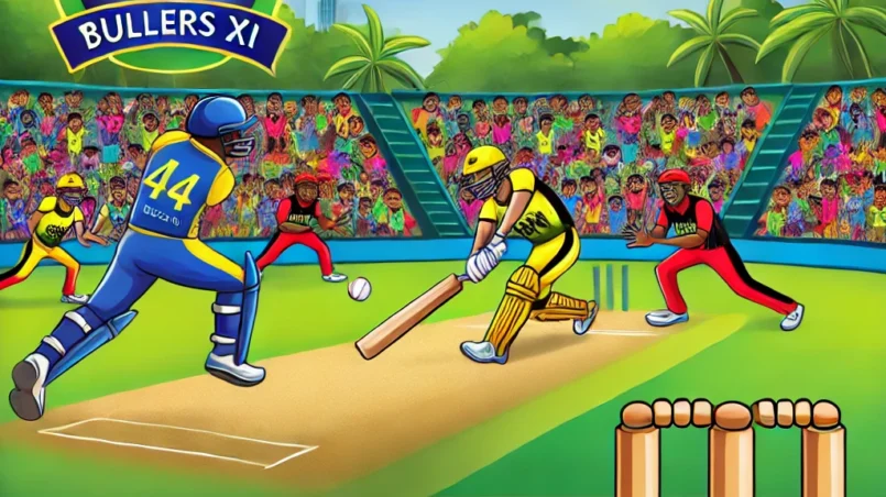 Cartoon-style cricket match between Bulls XI and Tuskers XI in dynamic action with cheering fans for BUL vs TUS Dream11 Prediction