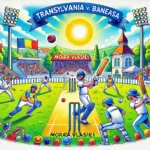 A vibrant cartoon-style illustration of the TRA vs BAN Dream11 Prediction cricket match at Moara Vlasiei Cricket Ground.