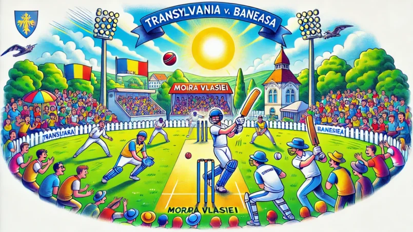 A vibrant cartoon-style illustration of the TRA vs BAN Dream11 Prediction cricket match at Moara Vlasiei Cricket Ground.