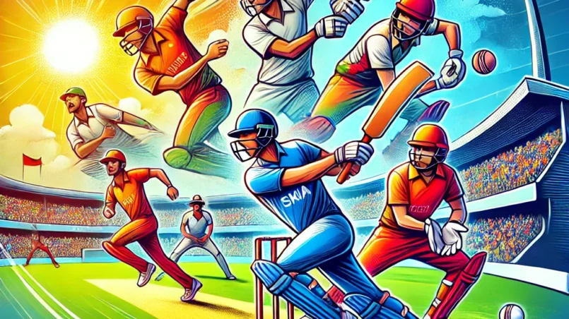 Cartoon-style cricket match between BAN and UCCB with key players in action under sunny weather for BAN vs UCCB Dream11 Prediction