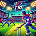 Cartoon-style cricket scene featuring BLD vs SLS in a T10 match with players in action, a lively stadium, and team logos prominently displayed for BLD vs SLS Dream11 prediction