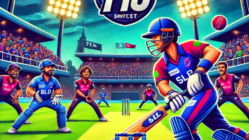 Cartoon-style cricket scene featuring BLD vs SLS in a T10 match with players in action, a lively stadium, and team logos prominently displayed for BLD vs SLS Dream11 prediction