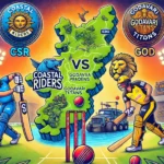 Cartoon image of Coastal Riders vs Godavari Titans T20 cricket match with Andhra Pradesh map in background, featuring bats, balls, and team logos for CSR vs GOD Dream11 Prediction