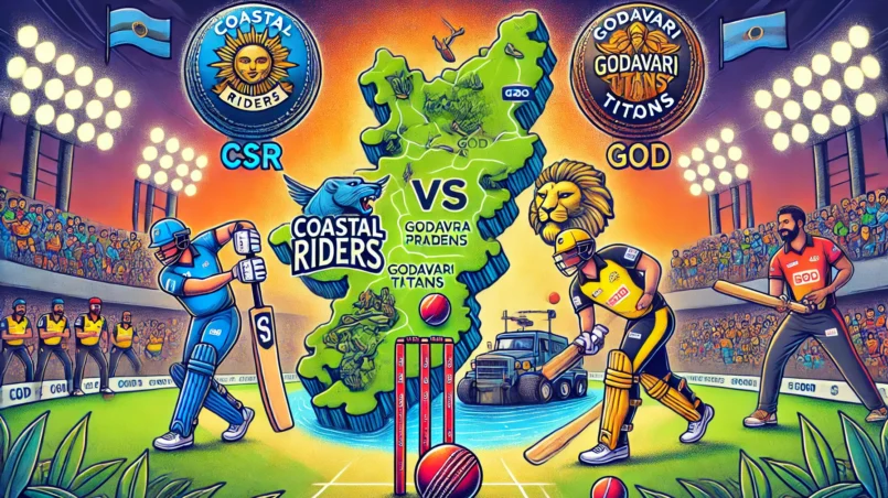 Cartoon image of Coastal Riders vs Godavari Titans T20 cricket match with Andhra Pradesh map in background, featuring bats, balls, and team logos for CSR vs GOD Dream11 Prediction