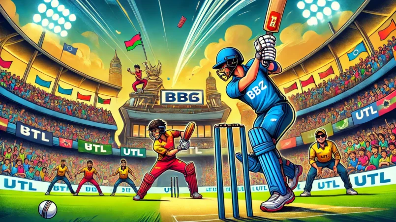 Cartoon-style illustration of BZW vs UTL Dream11 Prediction cricket match, showcasing players in action with a vibrant stadium background, capturing the excitement and energy of the game.