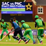 SAC vs PNC Dream11 Prediction: Dynamic cricket match scene between South Africa Champions (SAC) and Pakistan Champions (PNC) at County Ground, Northampton. Players are in action on a rainy day, with a scoreboard in the background displaying 'SAC vs PNC Dream11 Match Prediction'. Key players like S Malik, S Afridi, R McLaren, and K Akmal are featured, showcasing the competitive spirit of T20 Domestic cricket.