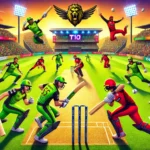 LEG vs MAB Dream11 Prediction: A vibrant cricket scene featuring Leatherback Giants in green uniforms and Mad Bulls in red uniforms, engaged in an exciting T10 match at Queen's Park Oval. The lively stadium background with cheering fans adds to the energetic atmosphere.