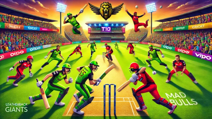 LEG vs MAB Dream11 Prediction: A vibrant cricket scene featuring Leatherback Giants in green uniforms and Mad Bulls in red uniforms, engaged in an exciting T10 match at Queen's Park Oval. The lively stadium background with cheering fans adds to the energetic atmosphere.