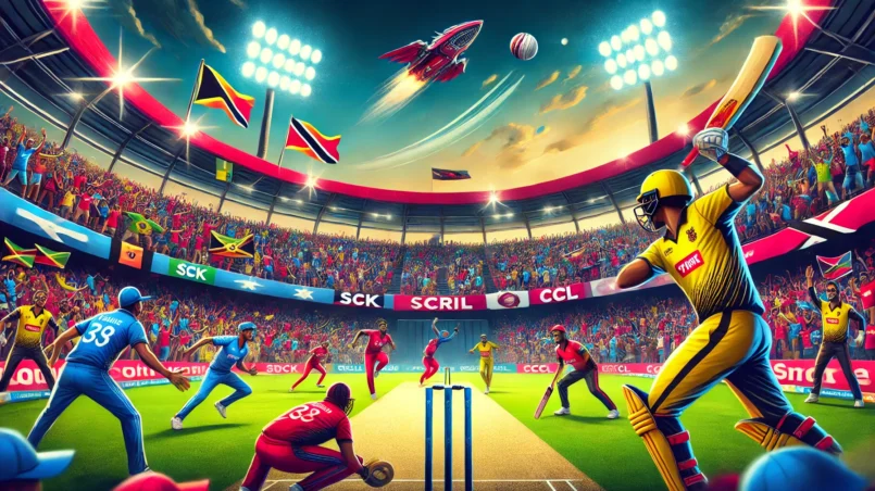 A dynamic cricket match scene between Soca Kings (SCK) and SAMP Army Cocrico Cavaliers (CCL) at Queen's Park Oval, Port of Spain, Trinidad. The image shows players in action with a bowler delivering a fast ball and the batsman ready to hit. The stadium is filled with enthusiastic fans waving flags and banners, with the scoreboard displaying SCK vs CCL, creating an exciting atmosphere. The players are wearing colorful jerseys representing their teams.