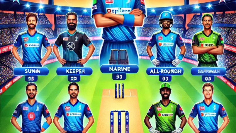 Dream11 cricket fantasy team setup for the match between Los Angeles (LAS) and Seattle (SEA) featuring top players from both teams, arranged in a lineup format with their roles indicated. The image highlights Sunil Narine as the captain and Shakib Al Hasan as the vice-captain, set against a vibrant cricket stadium background filled with cheering fans. Suitable for a sports blog post. LAS vs SEA Dream11 Prediction.