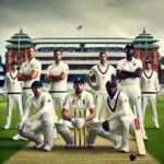 ENG vs WI Dream11 Prediction: Key players from England and West Indies in white uniforms preparing for a test match at Lord's Cricket Ground, London. The image shows Joe Root, Ben Stokes, Jason Holder, and Kraigg Brathwaite in action poses on a lush green cricket field with the historic stadium in the background under slightly overcast skies.