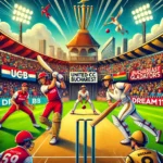 Cartoon-style illustration of a cricket match between United CC Bucharest (UCCB) and Bucharest Gladiators (BUG) with vibrant stadium, excited fans, and Dream11 logo, representing the UCCB vs BUG Dream11 Prediction.