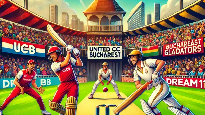 Cartoon-style illustration of a cricket match between United CC Bucharest (UCCB) and Bucharest Gladiators (BUG) with vibrant stadium, excited fans, and Dream11 logo, representing the UCCB vs BUG Dream11 Prediction.