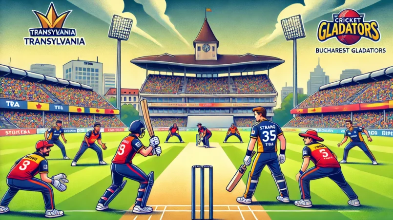 TRA vs BUG Dream11 Prediction: Cartoon-style cricket stadium scene with Transylvania (TRA) and Bucharest Gladiators (BUG) players in action, featuring key players S Strang, I Husain, M Moiz, and T Lodhi, with a slightly rainy weather backdrop.