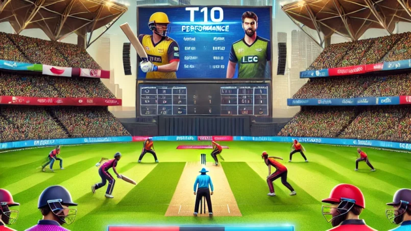 Image of a cricket stadium for PBC vs LEG dream11 prediction teams ready for a T10 match, showcasing vibrant uniforms, intense action, and a cheering crowd with the scoreboard displaying recent performance stats and key player information