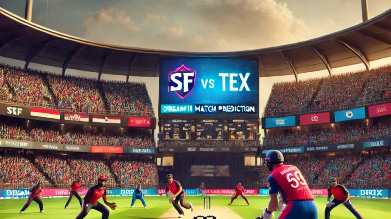 SF vs TEX Dream11 Prediction - A lively cricket stadium with SF and TEX players in action, featuring a dynamic shot and bowler follow-through, perfect for Dream11 match analysis.