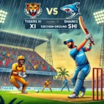 Animated cricket match scene at Cricket Association Puducherry Siechem Ground featuring Tigers XI batsman hitting a shot against Sharks XI bowler, with a rainy weather backdrop and a stadium full of cheering fans. TIG vs SHA scoreboard visible. Exciting and vibrant depiction for TIG vs SHA Dream11 Prediction