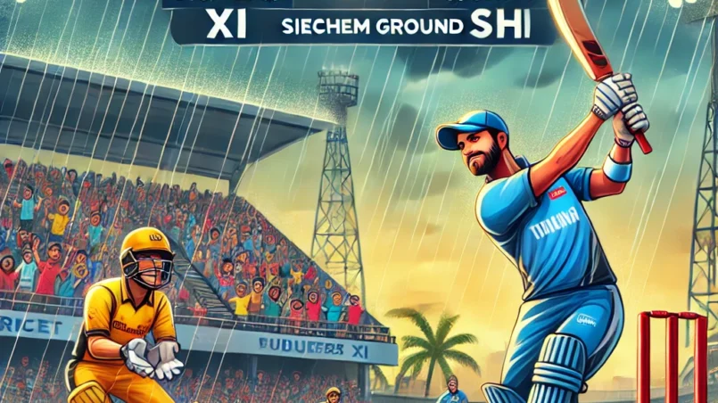 Animated cricket match scene at Cricket Association Puducherry Siechem Ground featuring Tigers XI batsman hitting a shot against Sharks XI bowler, with a rainy weather backdrop and a stadium full of cheering fans. TIG vs SHA scoreboard visible. Exciting and vibrant depiction for TIG vs SHA Dream11 Prediction