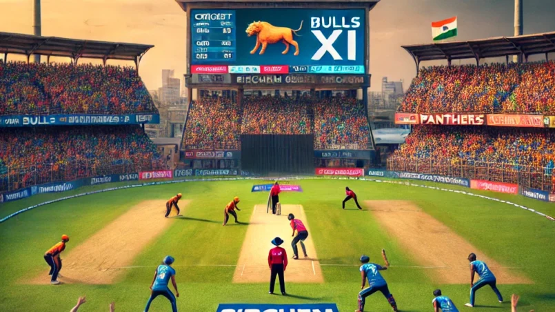 BUL vs PAN Dream11 Prediction: Exciting cricket action at Cricket Association Puducherry Siechem Ground with packed stands and overcast sky, featuring players from Bulls XI and Panthers XI in a high-scoring match.