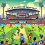 VZW vs CSR Dream11 prediction: Cartoon illustration of a cricket match between Vizag Warriors (VZW) and Coastal Riders (CSR) at Dr. Y.S. Rajasekhara Reddy ACA-VDCA Cricket Stadium, featuring players in action, vibrant crowd, and stadium atmosphere.