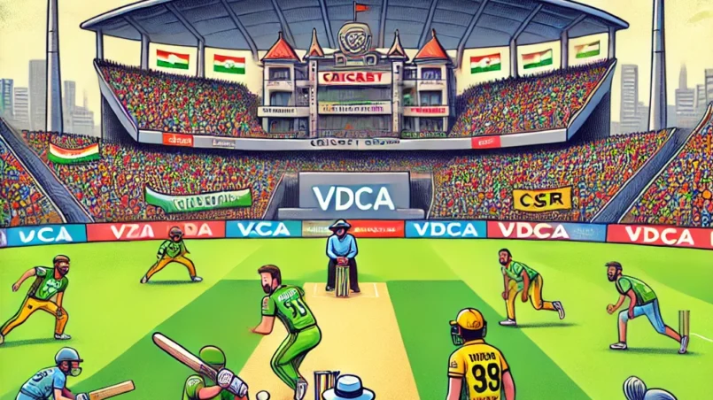 VZW vs CSR Dream11 prediction: Cartoon illustration of a cricket match between Vizag Warriors (VZW) and Coastal Riders (CSR) at Dr. Y.S. Rajasekhara Reddy ACA-VDCA Cricket Stadium, featuring players in action, vibrant crowd, and stadium atmosphere.