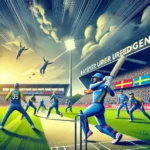 Cartoon-style image of UCCB vs ROE Dream11 prediction cricket match at Bayer Uerdingen Cricket Ground with dynamic player actions, overcast sky, and cheering crowd