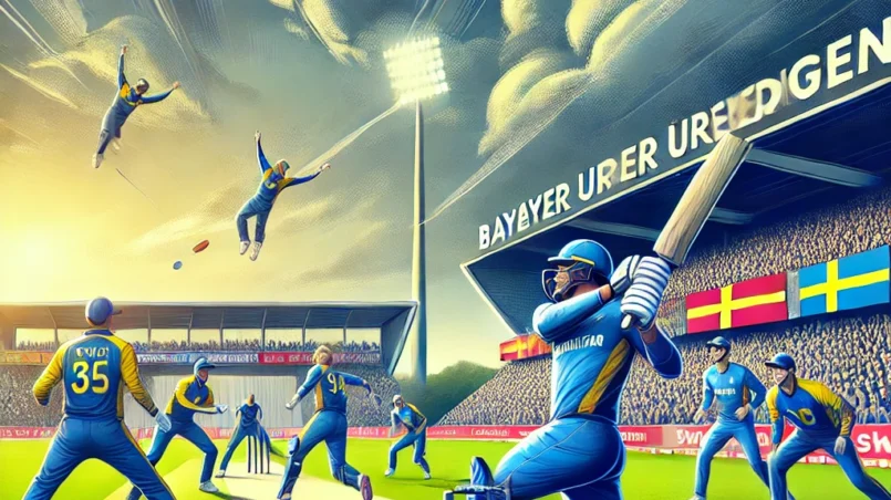 Cartoon-style image of UCCB vs ROE Dream11 prediction cricket match at Bayer Uerdingen Cricket Ground with dynamic player actions, overcast sky, and cheering crowd