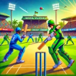 Cartoon-style illustration of BAN vs LIO T10 cricket match at Moara Vlasiei Cricket Ground, highlighting key players in action on a sunny day for BAN vs LIO Dream11 Prediction