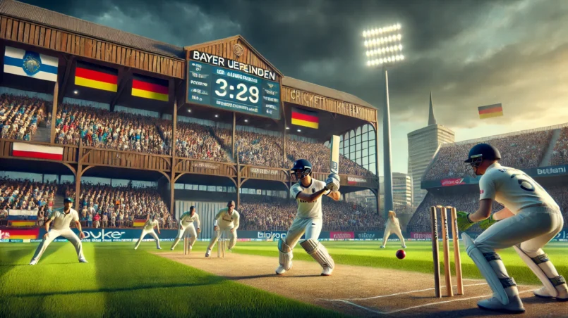 A dynamic cricket match scene between Slovenia and Germany at Bayer Uerdingen Cricket Ground, Krefeld. Germany's Ben Kohler-Cadmore batting against Slovenia's Izaz Ali. The scoreboard shows a competitive score with an overcast sky hinting at rainy weather. Enthusiastic fans fill the stadium, creating an intense and electrifying atmosphere for SVN vs GER Dream11 Prediction