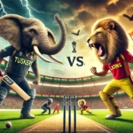 Tuskers vs Lions intense cricket match, anthropomorphized elephant and lion in fierce competition, dramatic stadium setting for TUS vs LIO Dream11 Prediction