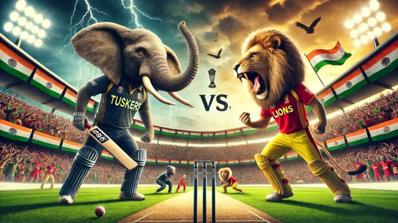 Tuskers vs Lions intense cricket match, anthropomorphized elephant and lion in fierce competition, dramatic stadium setting for TUS vs LIO Dream11 Prediction