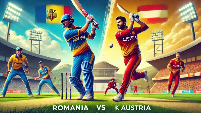 ROM vs AUT Dream11 Prediction - Key Players in Action - Taranjeet Singh batting for Romania and K Singh bowling for Austria at a vibrant cricket stadium