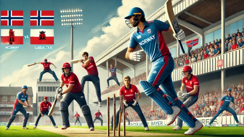 Dynamic cricket match scene between Norway and Gibraltar at Bayer Uerdingen Cricket Ground, featuring key players Khizer Ahmed, R Iqbal, Iain Latin, and S Bodha in action. Dream11 prediction or NOR vs GIB Dream11 Prediction