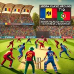 ROM vs POR Dream11 Prediction - Exciting T10I cricket match between Romania and Portugal at Moara Vlasiei Cricket Ground, Bucharest. Key players Taranjeet Singh and N Shahzad in action with a vibrant crowd in the background.