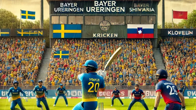 Exciting cricket match at Bayer Uerdingen Cricket Ground with Sweden's Share Ali batting against Slovenia's Mirwais Shinwari under rainy weather conditions. Enthusiastic crowd and lush green field in Krefeld, Germany FOR SWE vs SVN Dream11 Prediction