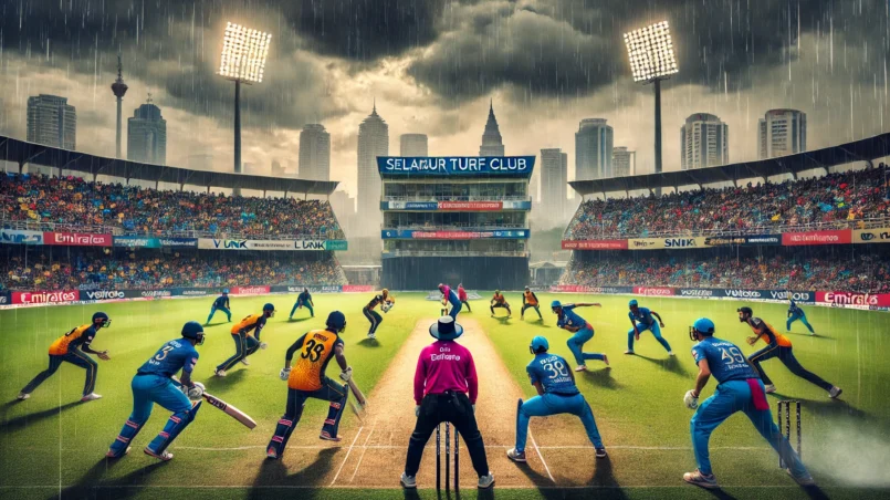 Cricket match scene between teams LNK and SNK at the Selangor Turf Club in Kuala Lumpur, with a rainy weather backdrop, highlighting key players V Unni batting and M Irshad-II bowling, amidst cheering fans FOR LNK vs SNK Dream11 Prediction