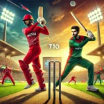 A dynamic cricket scene featuring K Singh from Austria in a batting stance and N Shahzad from Portugal bowling, with a vibrant stadium and cheering fans in the background, highlighting the high stakes of the T10 match FOR AUT vs POR Dream11 Prediction