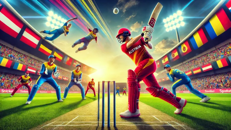 Dynamic cricket match between Austria and Romania in T10 international, featuring intense action with batsmen, bowler, and fielders in vibrant team uniforms, under sunny skies at a packed stadium for AUT vs ROM Dream11 Prediction.