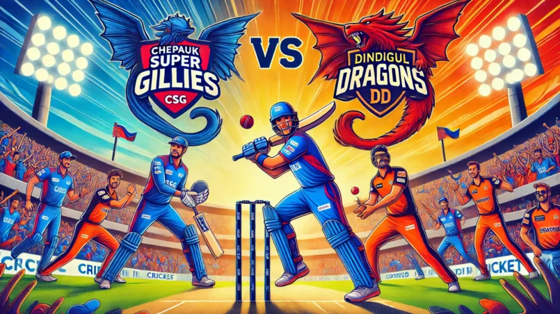 Dynamic cricket scene featuring Chepauk Super Gillies (CSG) vs Dindigul Dragons (DD) with players in action poses at a vibrant stadium, showcasing team logos, enthusiastic fans, and a colorful atmosphere for CSG vs DD Dream11 Prediction