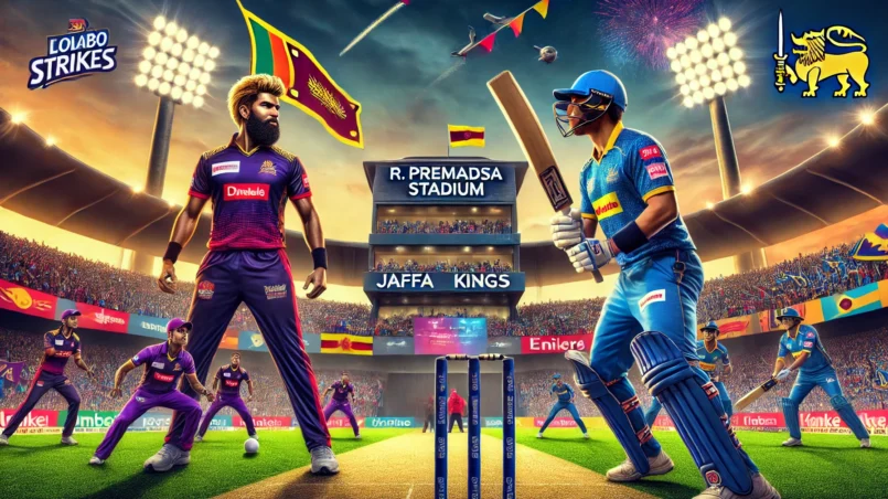 Dynamic cricket match scene at R. Premadasa Stadium, Colombo, featuring key players Kusal Mendis and Garuka Sanketh in action for Colombo Strikers and Jaffna Kings. The stadium is packed with enthusiastic fans, colorful banners, and bright floodlights, showcasing intense batting, bowling, and fielding moments, with young talents Prathum Nissanka and Matheesha Pathirana adding excitement to the scene for CS vs JK Dream11 Prediction