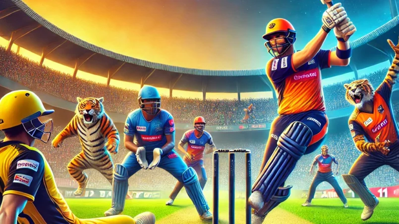 Cricket match between Tuskers XI and Tigers XI featuring key players in action with a packed stadium and Dream11 branding for TUS vs TIG Dream11 Prediction blog.